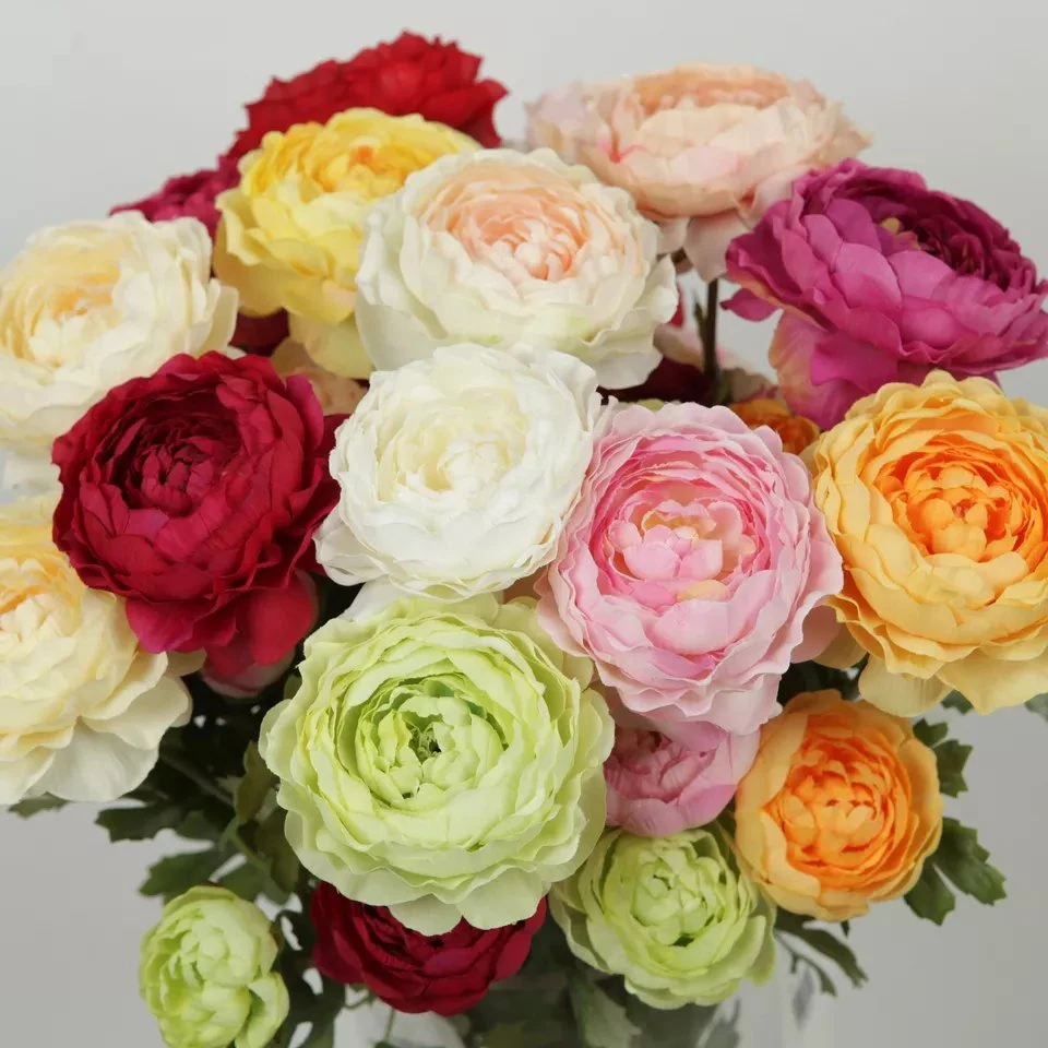 Hot Sale Wedding Silk Flower 3 Heads Ranunculus Stem Artificial Flower Tea Roses for Home Wedding Centerpiece Decoration