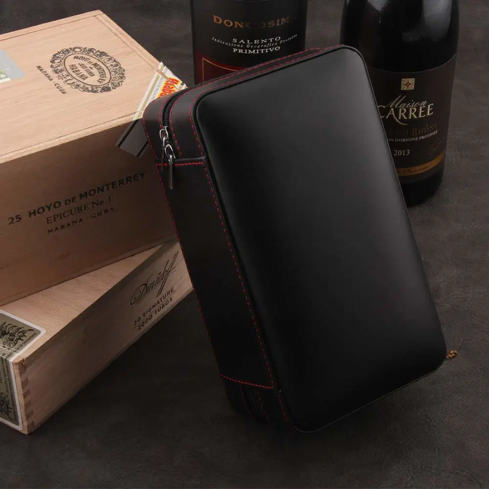 Custom Black Leather Travel Cigar Humidor Case Cedar Wood Portable Cigar Box Removable Cedar Tray with Gift Box