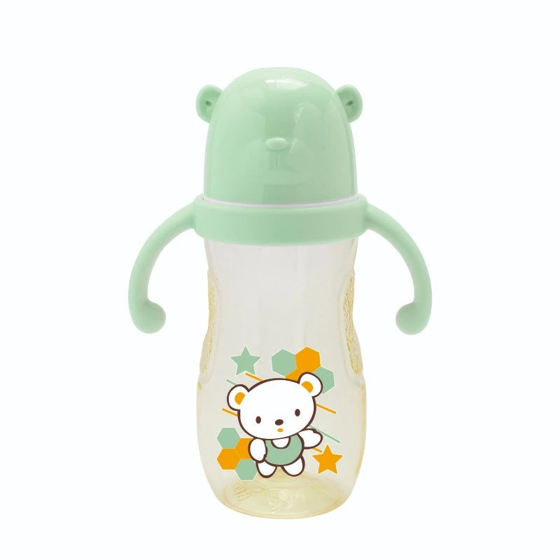 300ml Wide Neck Plastic Cartoon Baby Bottle with Handle OEM/ODM