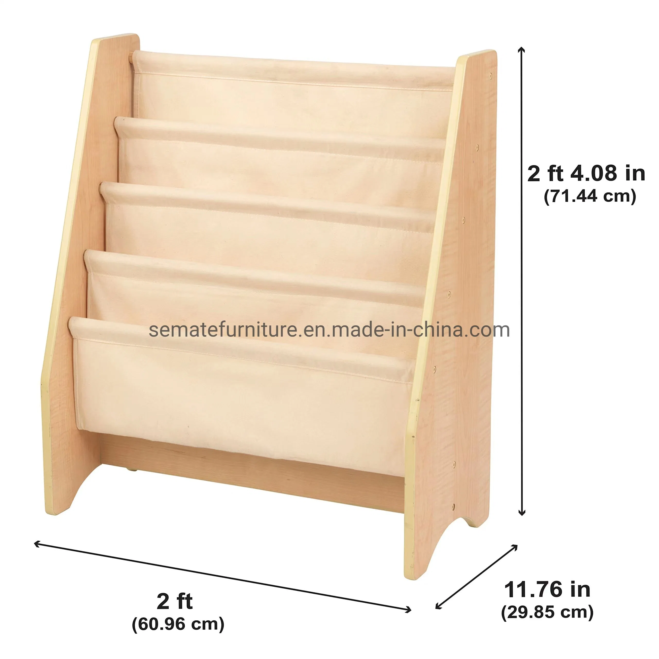 Factory Wholesale/Supplier Montessori Kids Furniture Wood and Canvas Sling Bookshelf with Storage Pockets for Toddlers