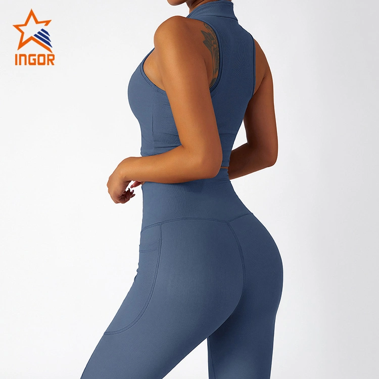 Ingor Sportswear Women Ribbed High Impact Vest & Pocket Legging Pants Set Yoga Running Gym Sports Wear