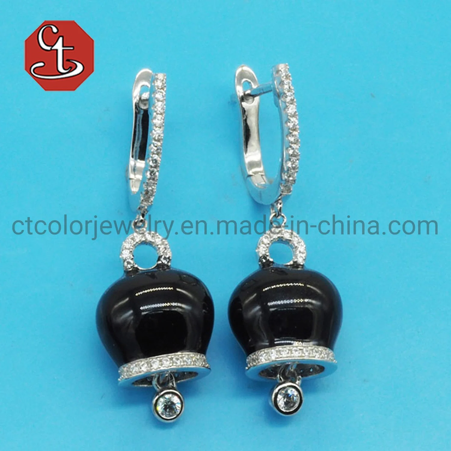 Bell Shape Design Black Color Enamel White CZ Bell Sets Earring Fashion Jewelry