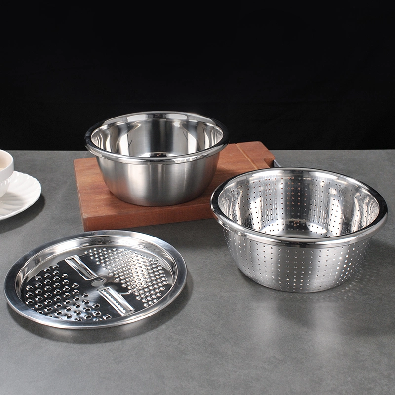 Kitchen Ware Stainless Steel Vegetable Colander Basin Kitchen Fruit Basin Mixing Bowl 3PCS Grater Set Original Factory.