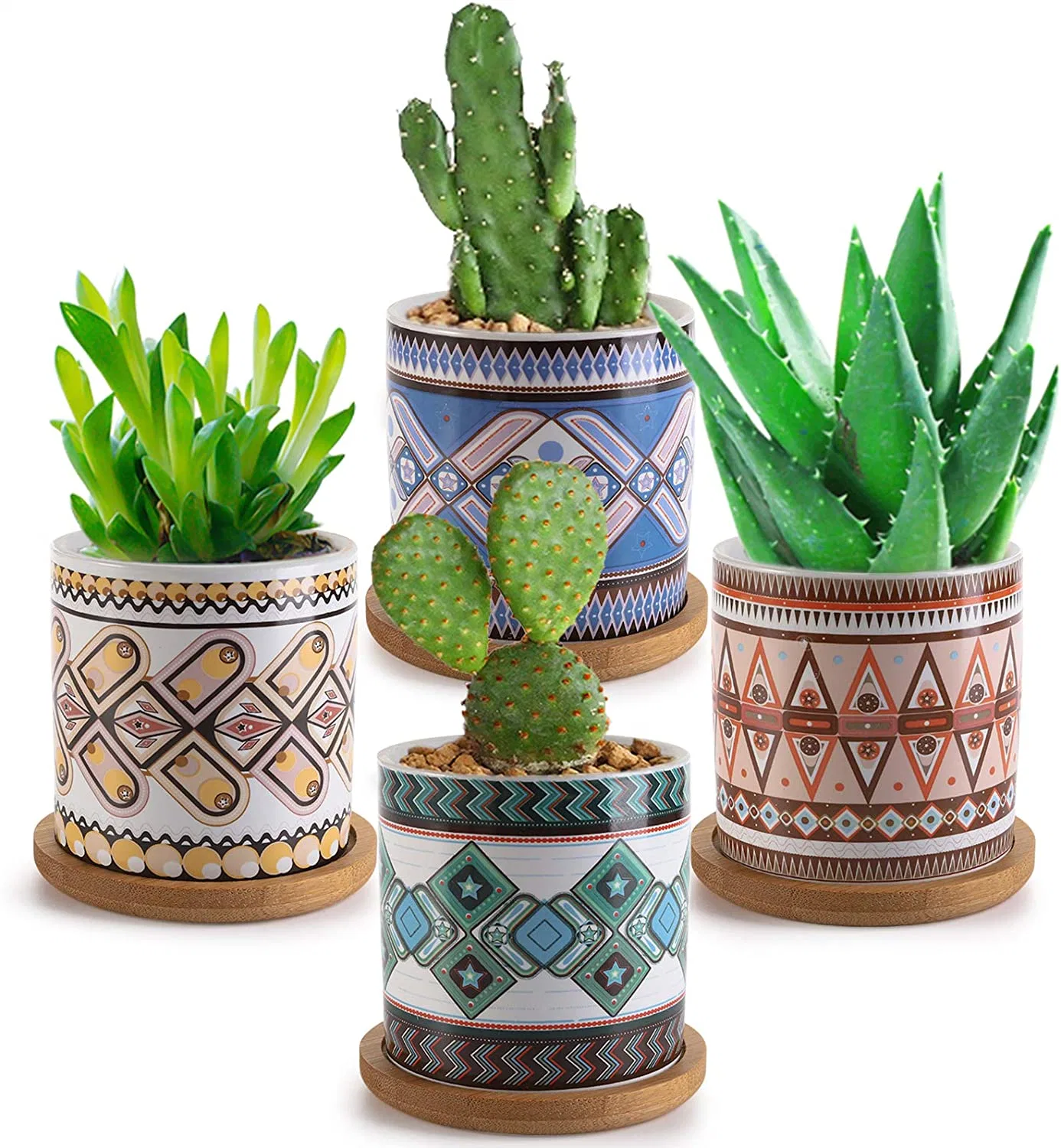 Set of 4 Succulent Plant Pots, 3 Inch Ceramic Succulent Planter with Drainage Hole and Bamboo Tray, Small Cylindrical Planter Containers for Flowers or Cactus