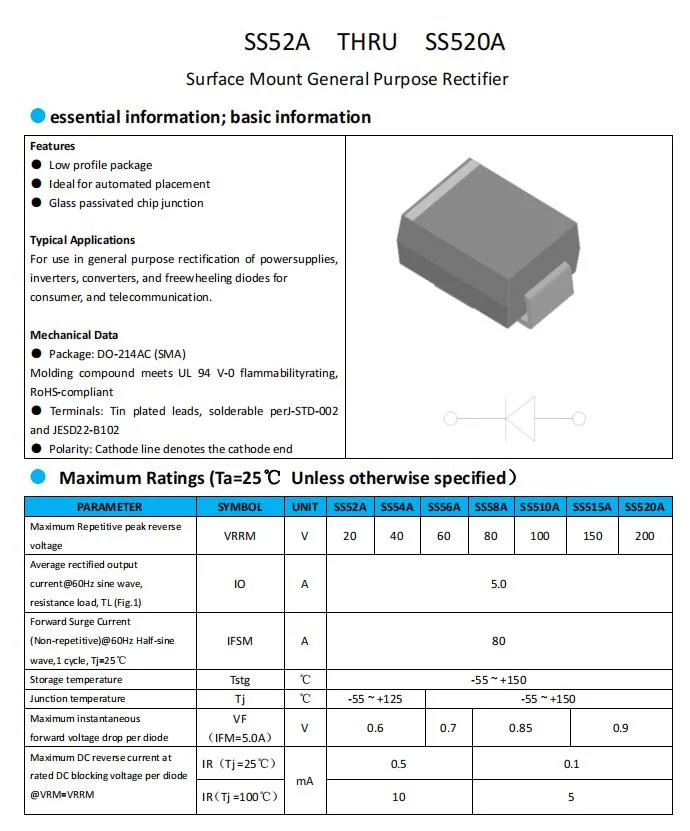 Установка на поверхность SS520 Шоттки Стабилитрон SMA выпрямительный диод 5 А