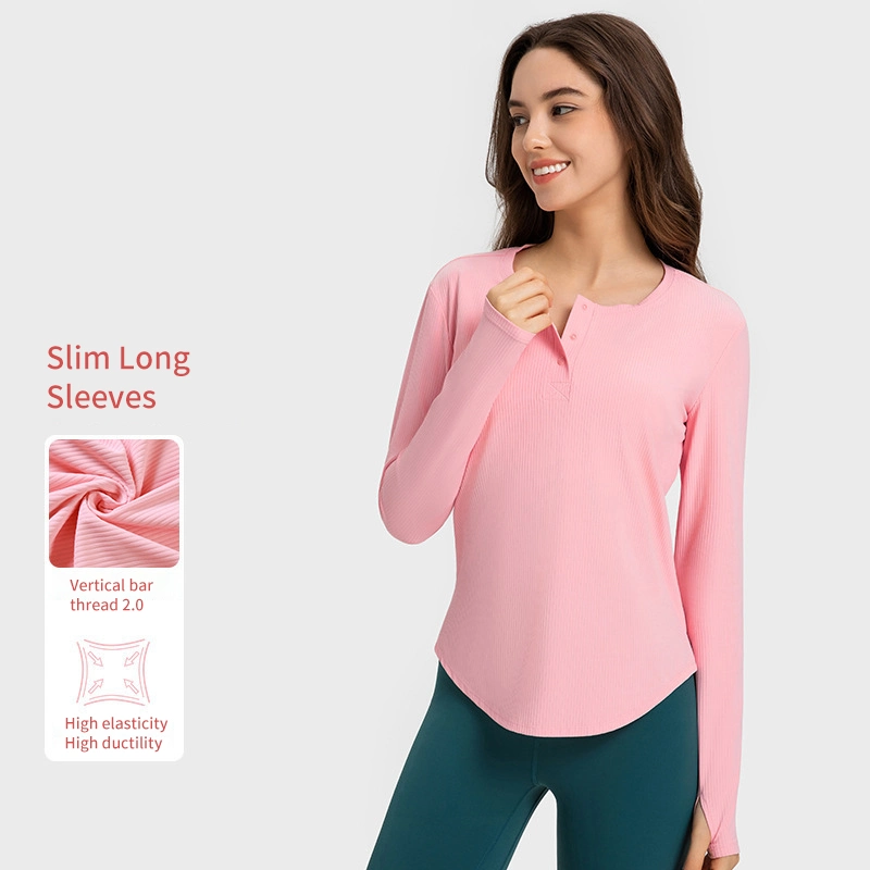 Wholesale/Supplier Factory Ribbed Button Front Collar Sports Long Sleeve Women's Casual Home Gym Wear Running Sports Wear Yoga Wear