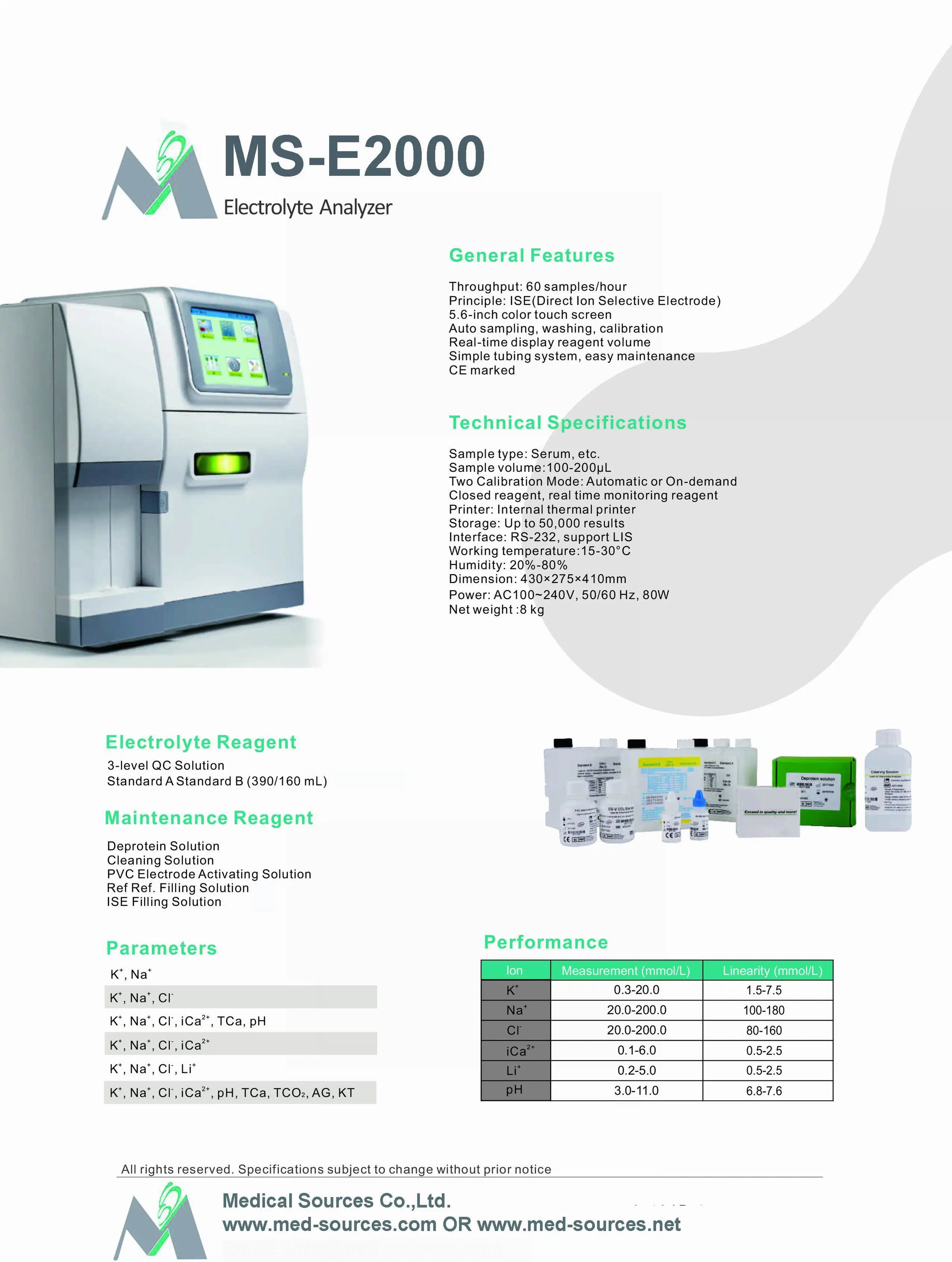 Ms-E2000 Laboratory Equipment Fully Automatic Electrolyte Analyzer