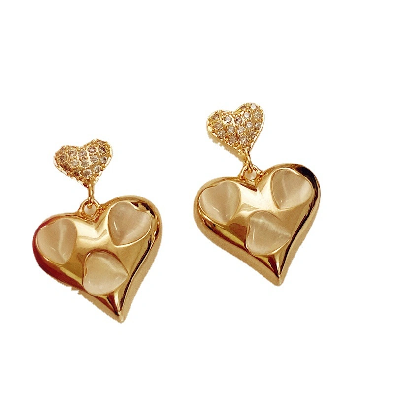 Fashion Metal Love Cat's Eye Full Diamond Heart Earrings Jewelry