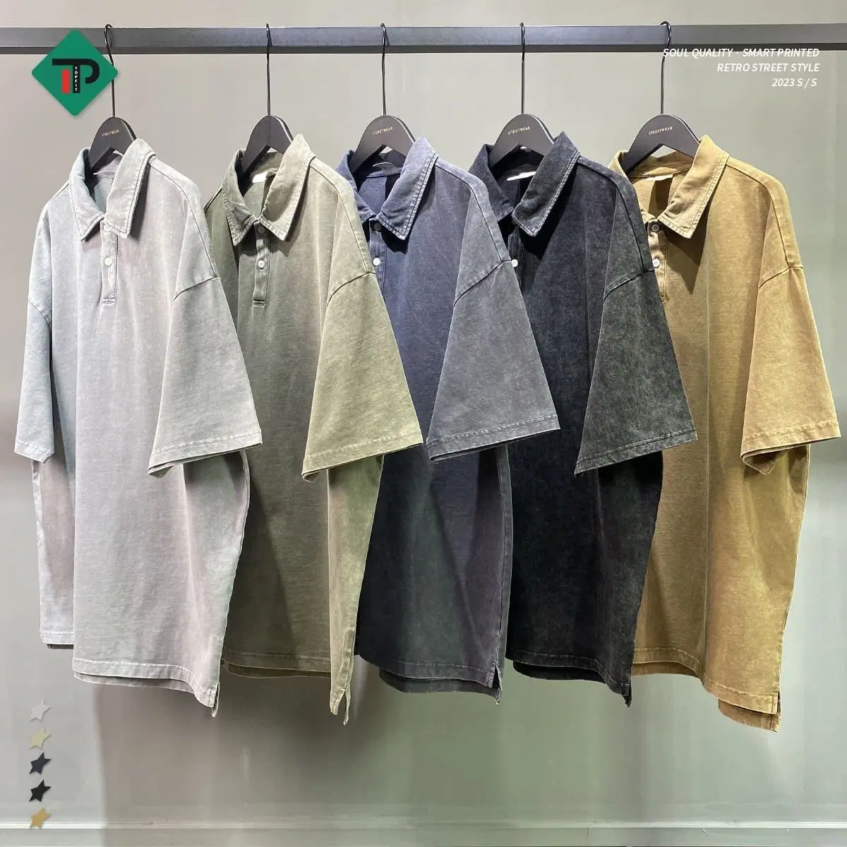 2023 Solta com excesso de manga curta Personalizado Polo Shirts 100% algodão de alta qualidade lavados Vintage T-shirt casual do Polo para homens