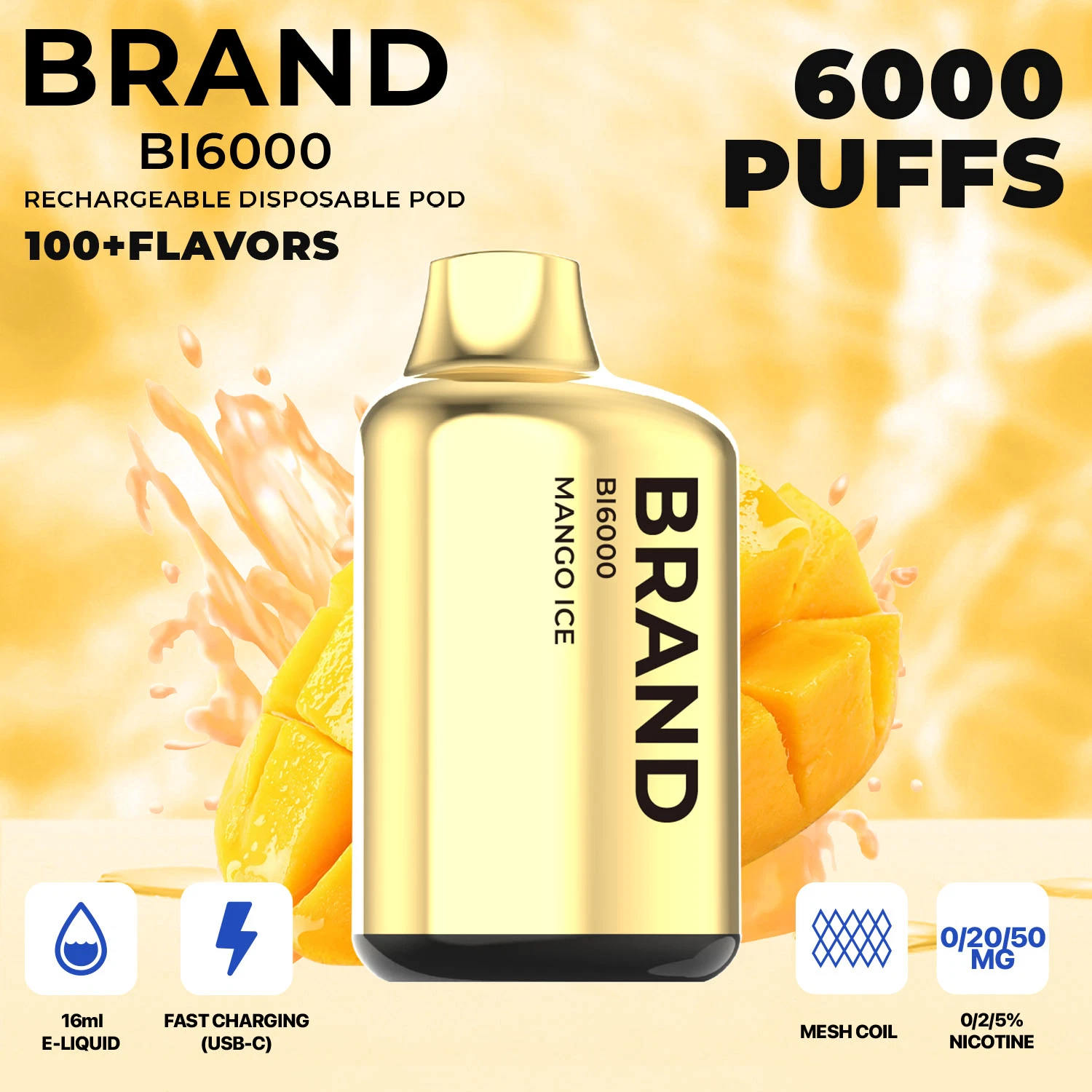 2023 Hidi OEM ODM Private Brand White Label Wiederaufladbar 12 Flavours 6000 Puff Keramik Mesh Core Einweg Vape	Tiger Pod 6000 Puffs Bar Peach Lemon