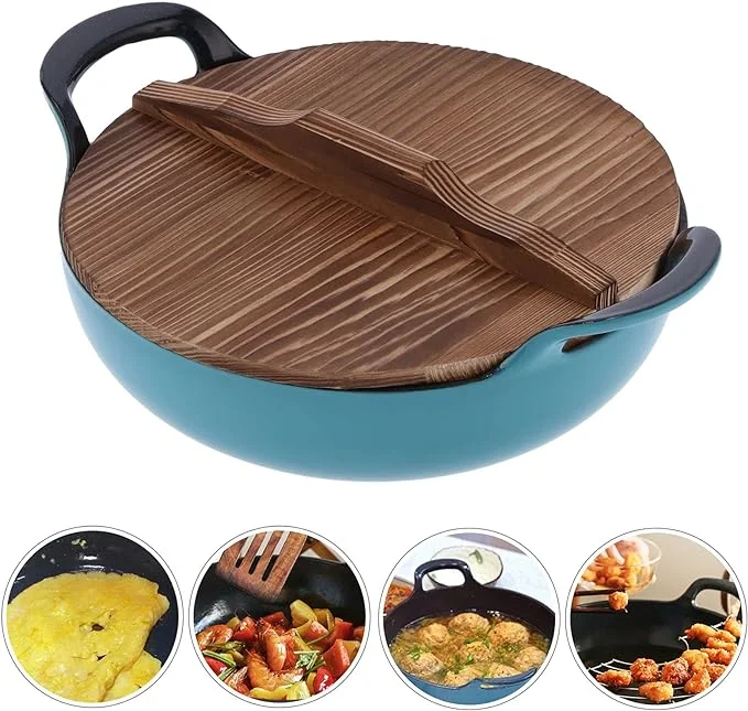 Juego de potes para el hogar Enamel Coating Hierro fundido Cookware Casserole caliente Olla con tapa de madera