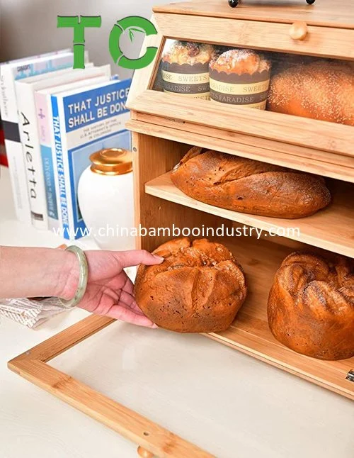 Comercio al por mayor de 3 capas Caja de pan para la encimera de cocina - Breadbox de bambú con estante ajustable pan titular Anaquel compartimento 3 caja de pan