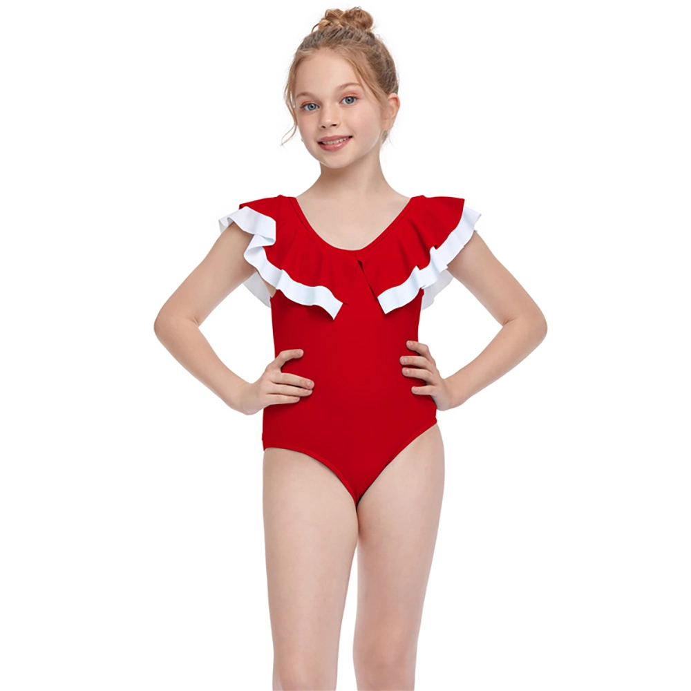 New European and American One-Piece Swimsuit Double Ruffled Children&prime; S Swimwear V-Neck Package Hip Solid Color Beachwear