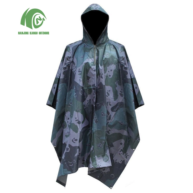 Kango Military Camouflage Portable Polyester PU Coated Raincoat Rain Poncho for Camping Hiking Hunting