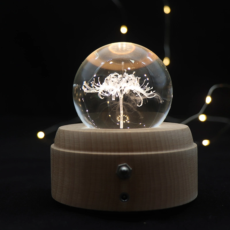 Zhongshan Gift Home Decor Night Lamp Battery Wooden LED Lamp Base D70mm K9 Crystal Ball Mood Light