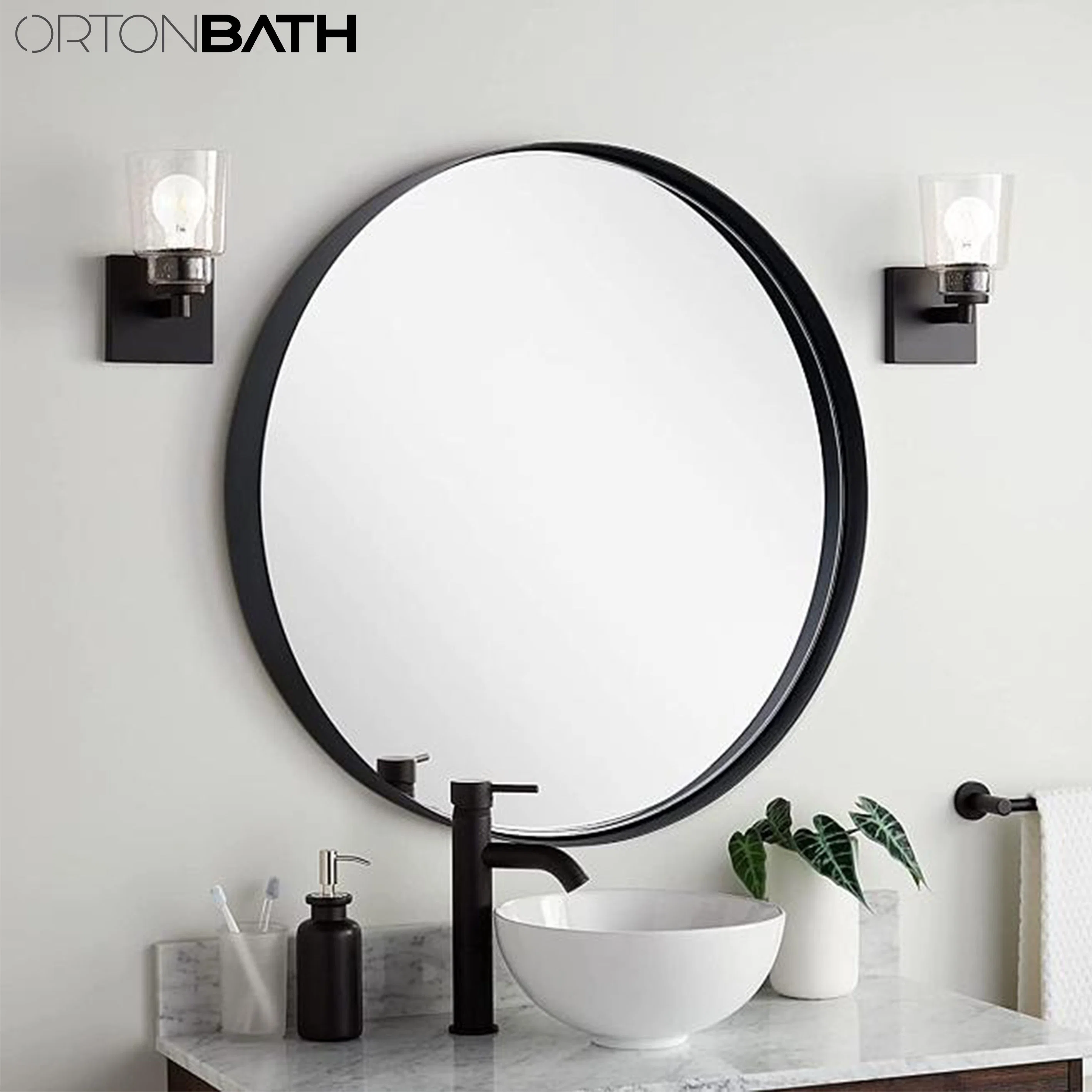 Ortonbath 34-Inch Circle Mirror Brushed Nickel Silver Wall Mounted Round Mirror, Stainless Steel Framed Mirror for Bathroom Vanity, Entryways, Living Rooms