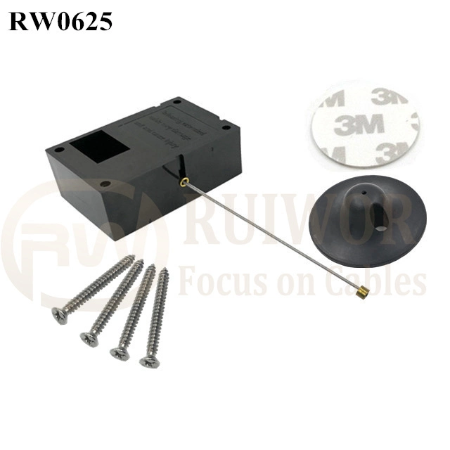 RW0625 Cuboid Ratcheting Retractable Cable Plus Pause Function and Dia 38mm Circular Adhesive Plastic Plate Connector