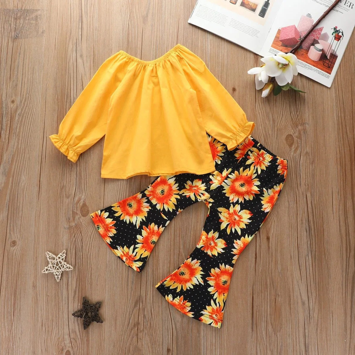 Children Toddler Fashion Clothes Ruffled Long Sleeve Blouse with Sunflower Flare Leg Pants Girls Casual Outfit Set Esg16498