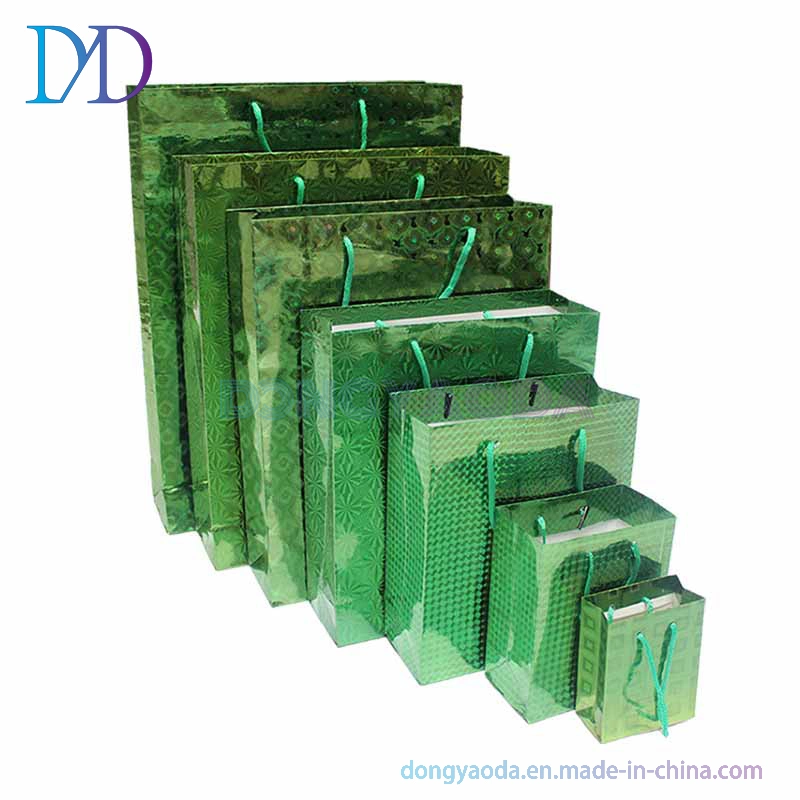 Hot Sale Design Green Hologram Laser Large Shopping Paper Bag with Handles