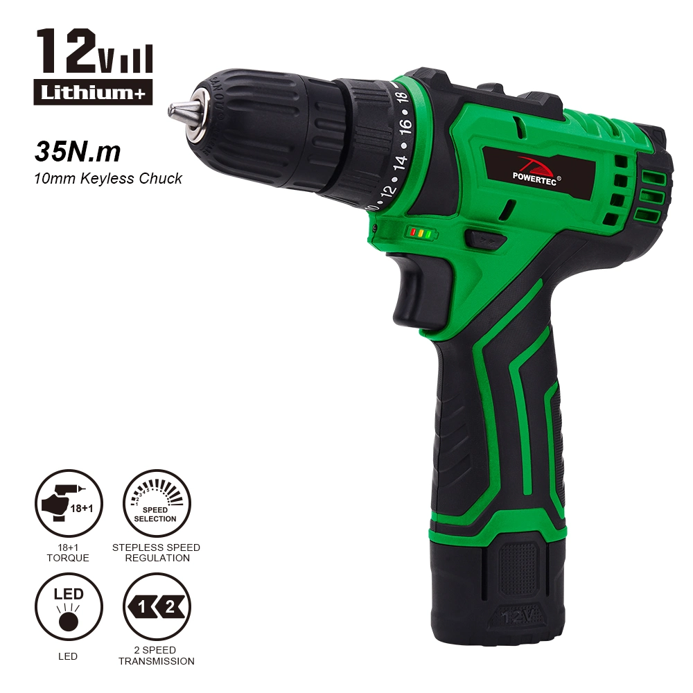 Powertec Good Quality 40n. M Two Speed Lithium 12V Cordless Drill