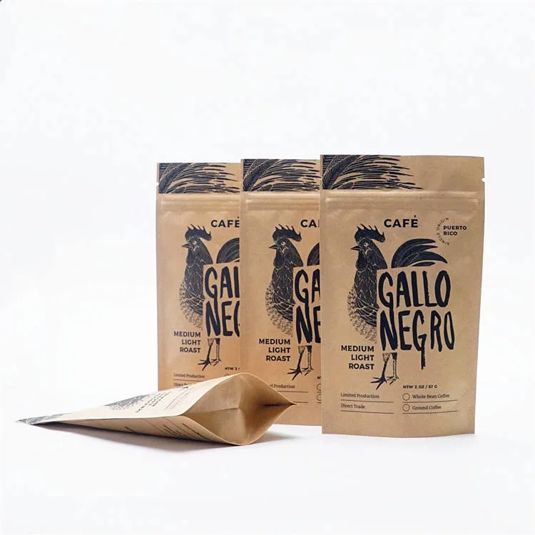 Printed Natural Kraft Paper out Layer Food Direct Contact One Way Valve Zipper Stand up Coffee Bag