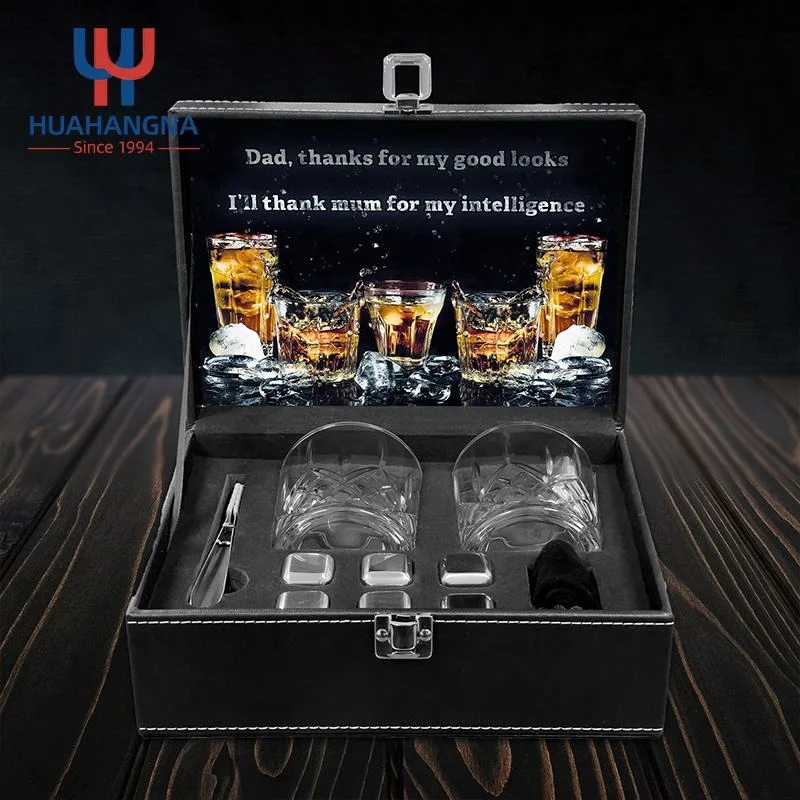 Amazon Bar Zubehör Edelstahl Chillling Metal Whiskey Eiswürfel Und runde Whisky Gläser in Leder Geschenkbox