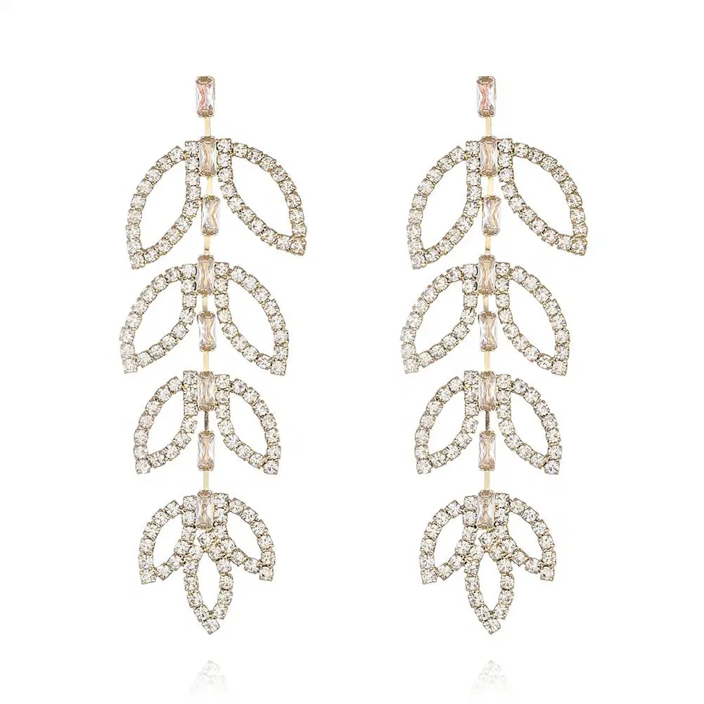 2023 Nuevo Diseño de Moda mayorista hembra caída de hojas de cristal Pendientes Blanco Zircon Aretes Joyas de boda Boho cuelgan largas pendientes