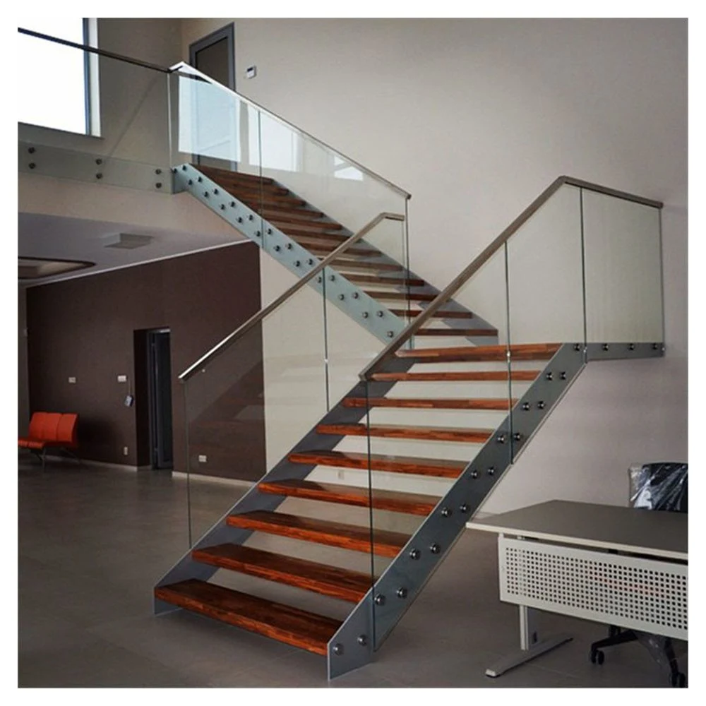 Custom Carbon Steel Straight Staircase with Wood Steps Glass Railing