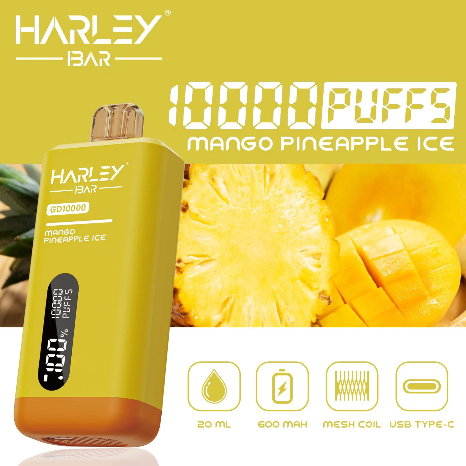 2024 Nueva pantalla LED original de fábrica desechable vape Harleybar Gd10000 Soplos