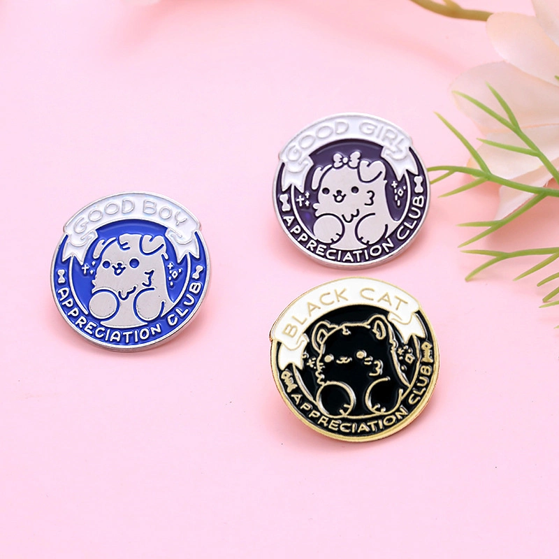 Custom Logo New Cartoon Cute Cats Round Puppy Animal Backpack Clothing Accessories Gifts Alloy Metal Hard Soft Brooch Enamel Badge Lapel Pin