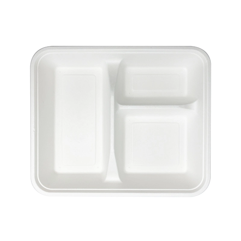 100% Biodegradable Disposable Sugarcane Bagasse 3 Compartment Food Safe Tableware Tray