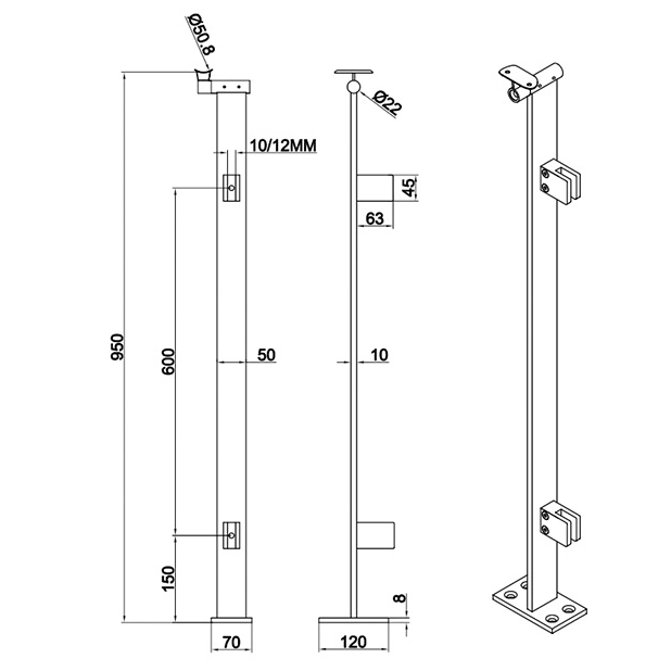 Machining 304 Stainless Steel Railing System Pillar Pole with Glass Clamps