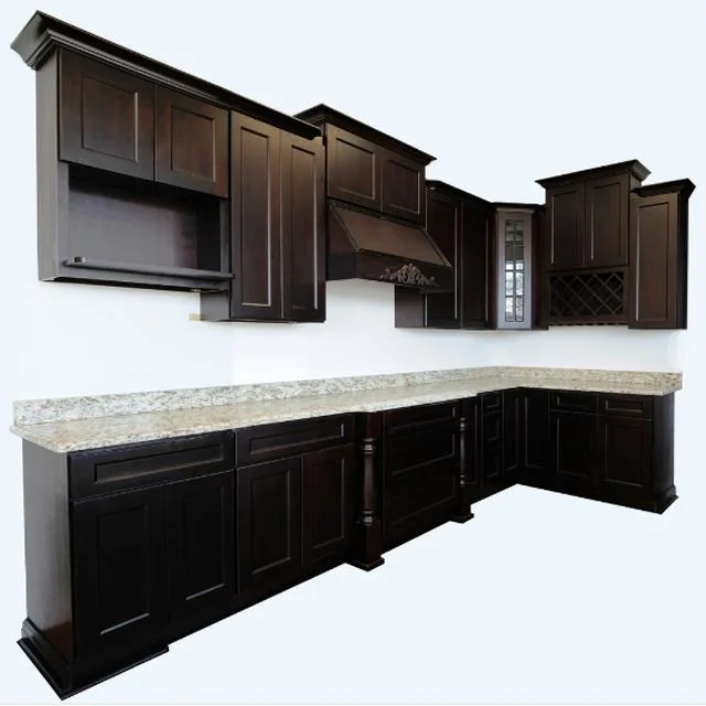 Retro Espresso Shaker Kitchen Cabinets Set Solid Wood Design for Home Furniture