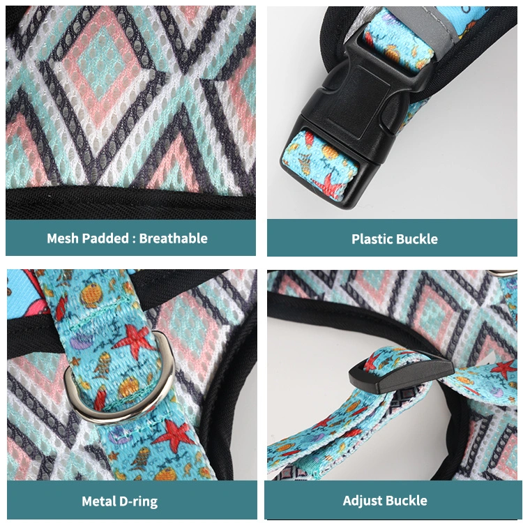 Hot Sale OEM/ODM Personalized Pet Accessories Print Reflective Reversible Quick Release Padded Polyester Pattern Dog Harness Set