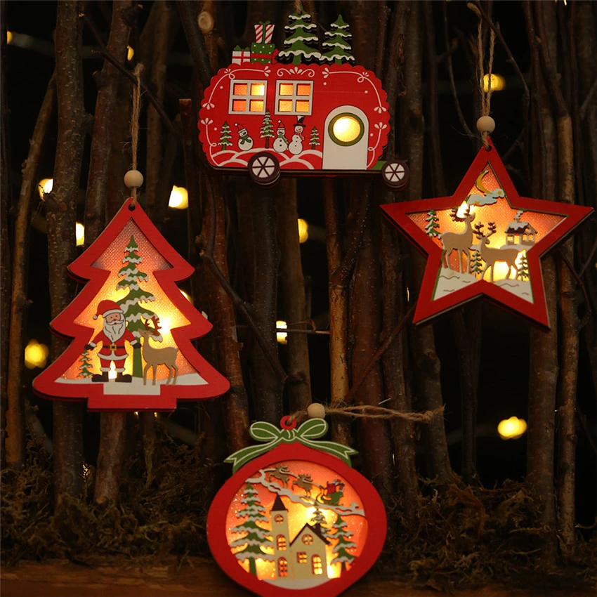 LED Light Christmas Tree Star Car Wooden Pendants Ornaments Xmas DIY Wood Crafts Kids Gift F