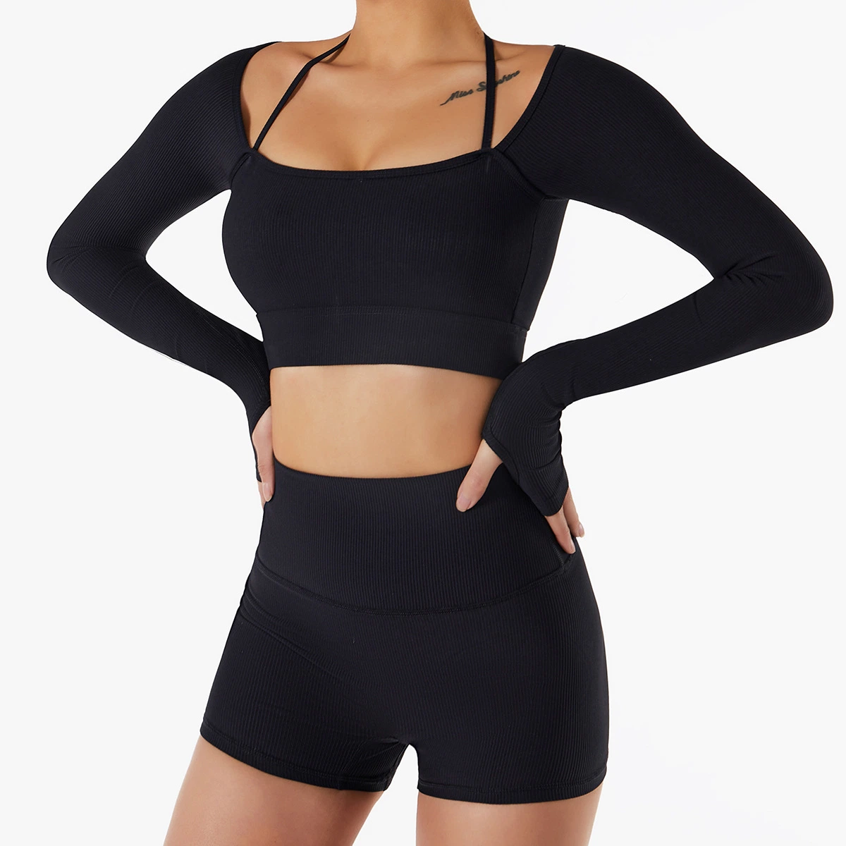 Halter Neck Shoulder Strap Thumb Cuff Design Ribbed Long Sleeves Crop Top Yoga Tracksuit