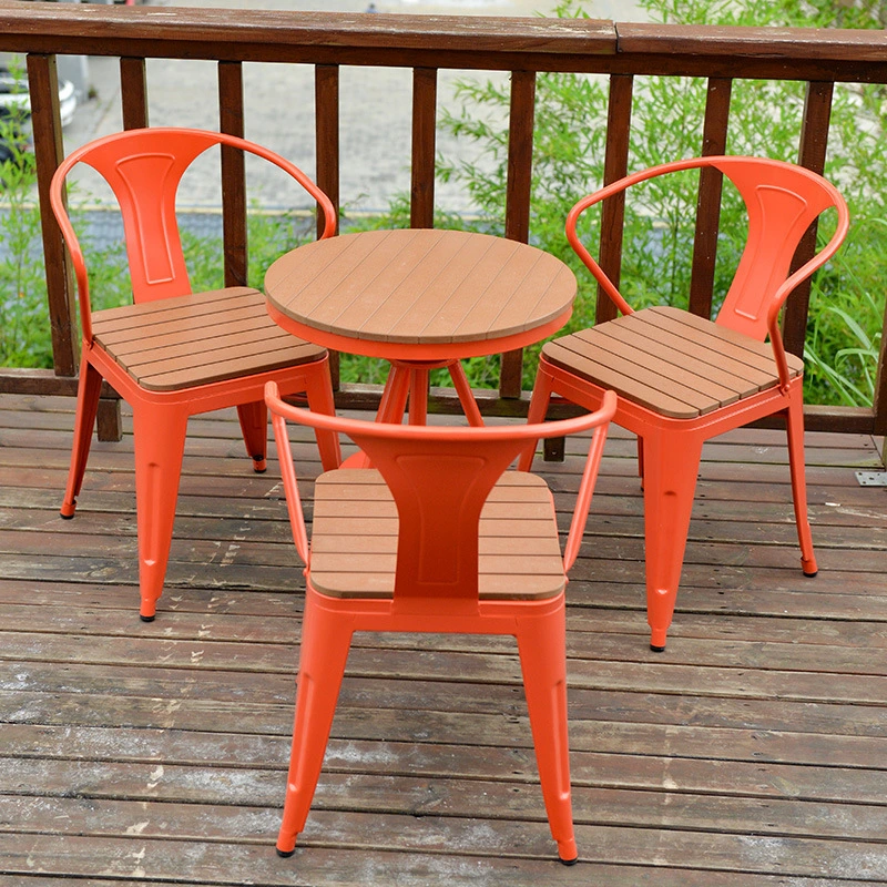 Imitación de madera Muebles de jardín silla y mesa de metal al aire libre Piscina de 2 4 6 Tabla de asiento de muebles de jardín