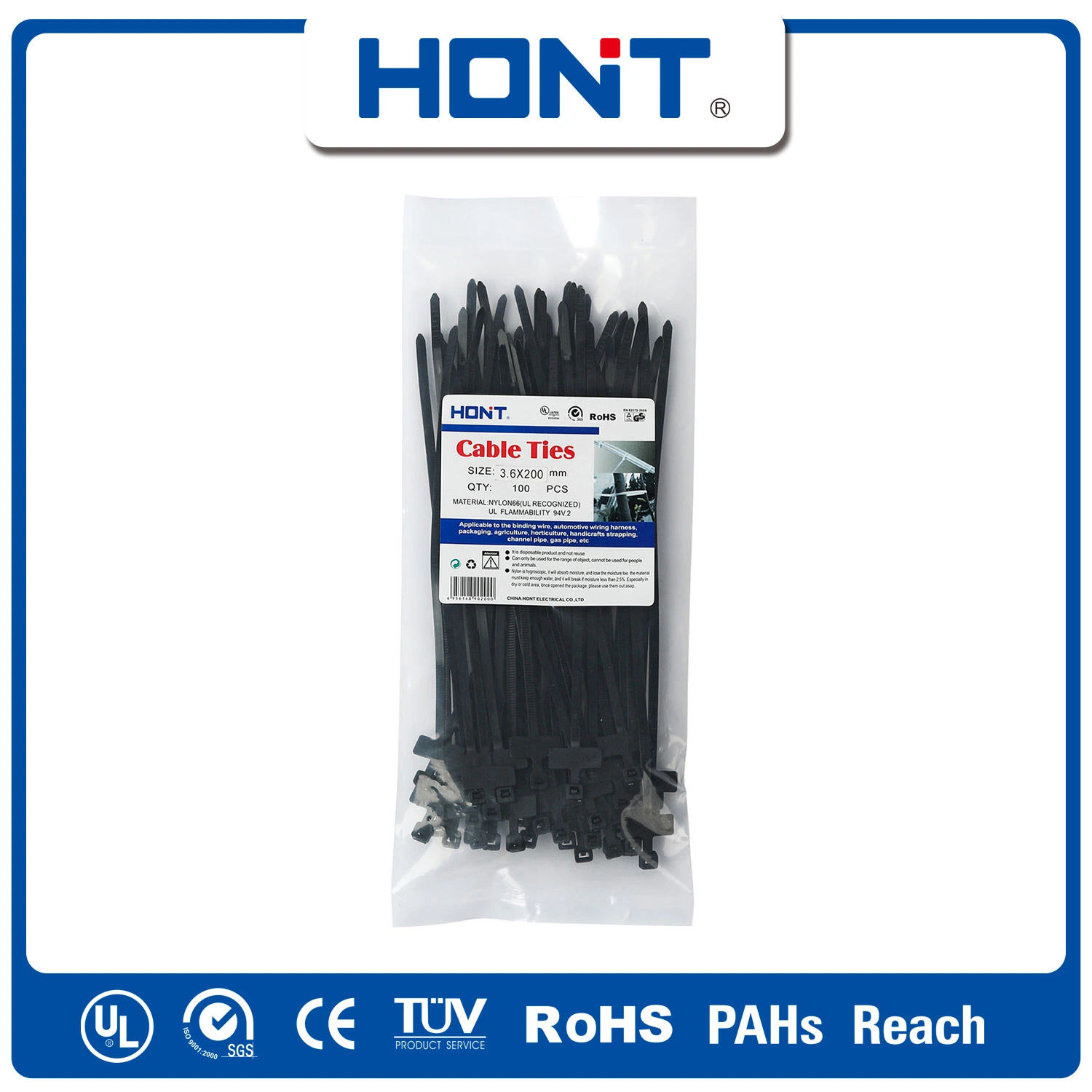 Self-Locking Tie Hont Plastic Bag + Sticker Exporting Carton/Tray Parts Cable Accessories with CCC