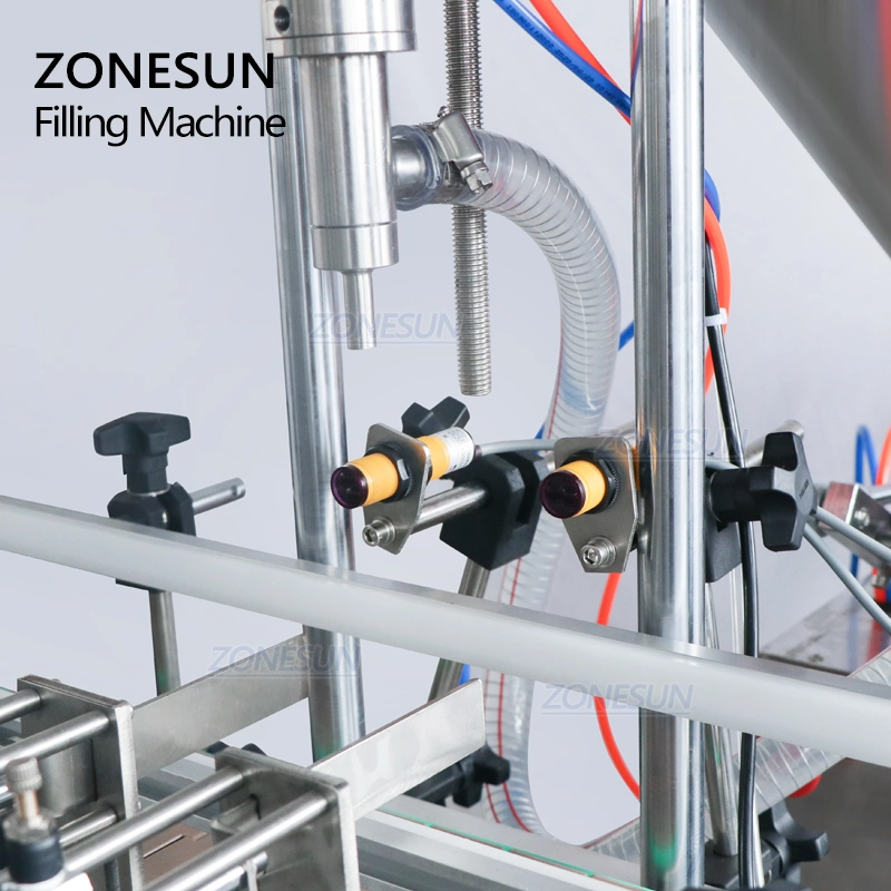 Zonesun Semi Automatic Honey Oil Oyster Sauce Milk Liquor Skin Lotion Hand Sanitizer Shampoo Pneumatic Piston Paste Filling Machine with Conveyor