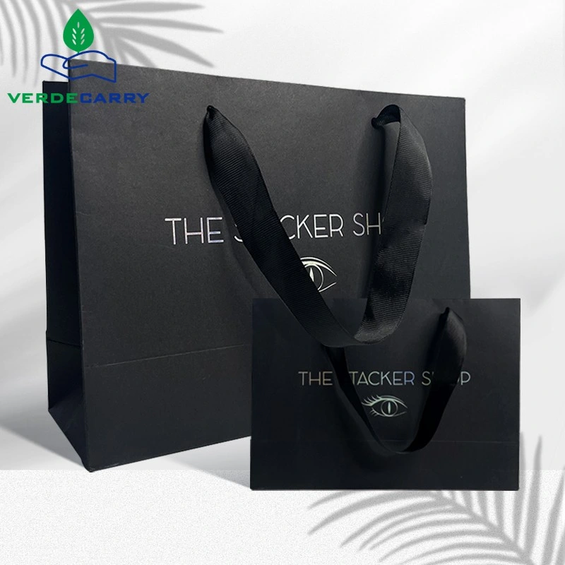 Logotipo de Marca personalizada de lujo papel negro ropa embalaje Compras de regalos Bolsa de papel