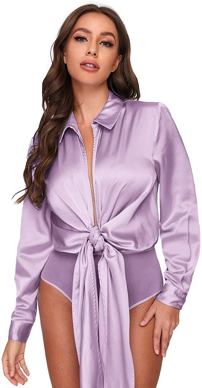 Women Bow Tie Satin Bodysuit Plunging Neck Sexy Long Sleeve Blouse Top Apparel