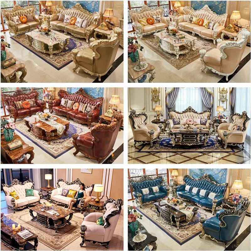 Living Room Furniture Wood Carved Luxury Sofa Set with Coffee Table and TV Stand in Optional Couch Seat and Furnitures Color