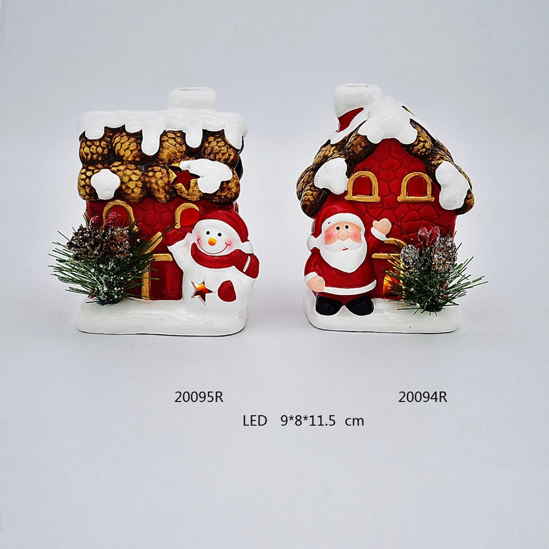 Qute Size Handpainted House Craft with Feather Santan & Snowman LED Lighting Ornament Ceramic Christmas Decoration