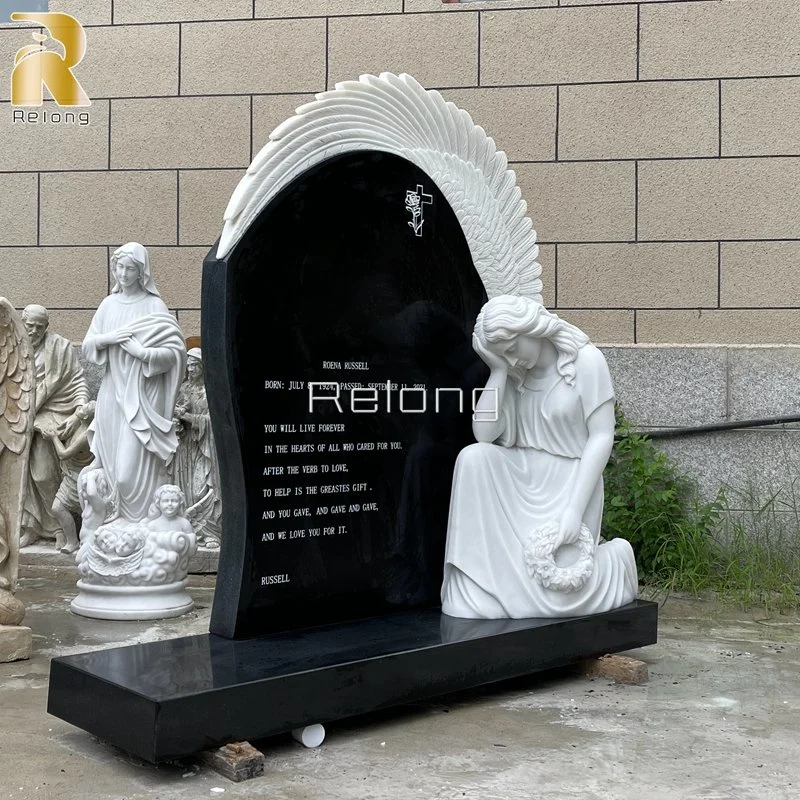 Стороны резного высокого качества из черного мрамора Gravestone с чистым белым мраморным религиозные статуи Девы Марии
