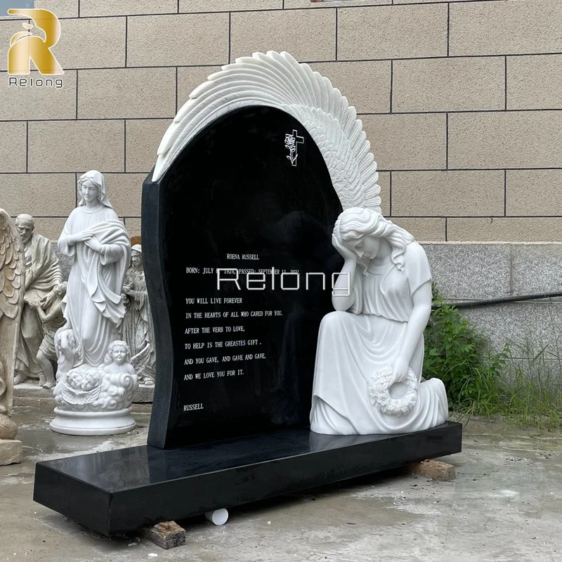 Hand Carved High quality/High cost performance  Black Marble Gravestone with Pure White Marble Religious Mary Statue