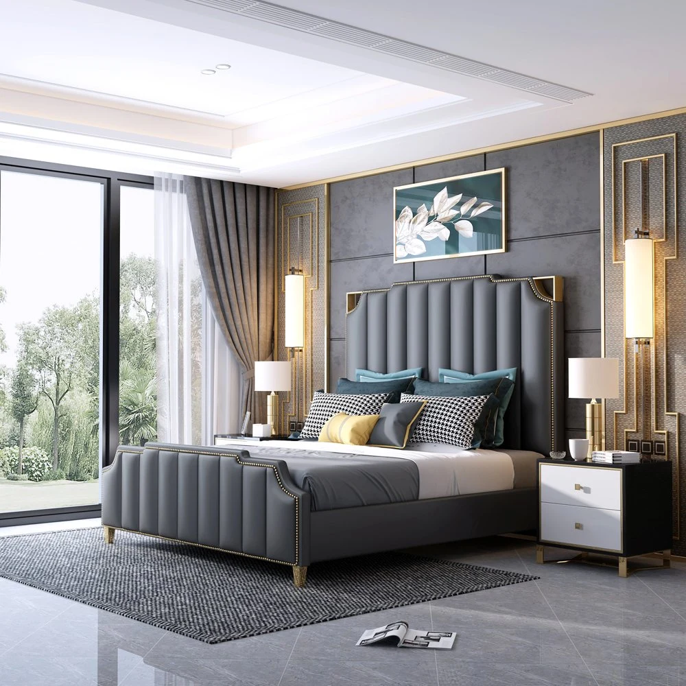 China madera fábrica de acero de lujo de almacenamiento nuevo juego de cama King Size Muebles de dormitorio de cuero