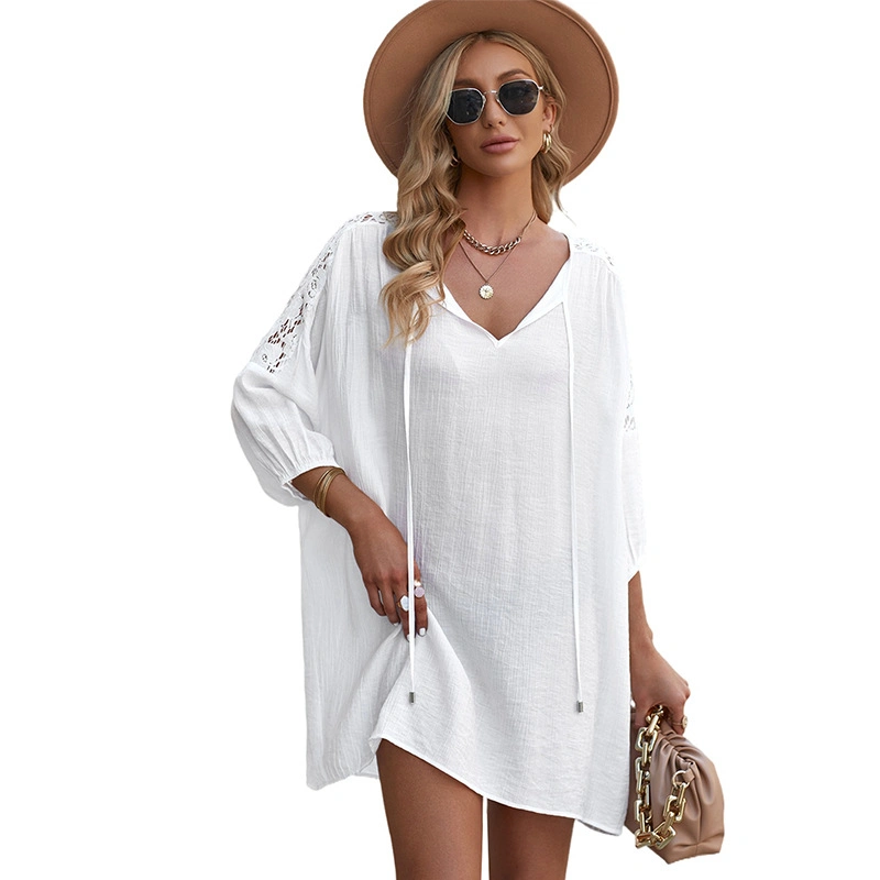 Chemises d'été en coton à col en V et épreuve du soleil pour femmes avec écran solaire de plage Robe ample à lacets unie de couleur unie pour Femme