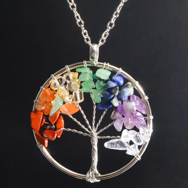 Natural Smooth Gemstone Seven Chakras Chips Tree of Life Healing Color Handmade Gravel Pendant