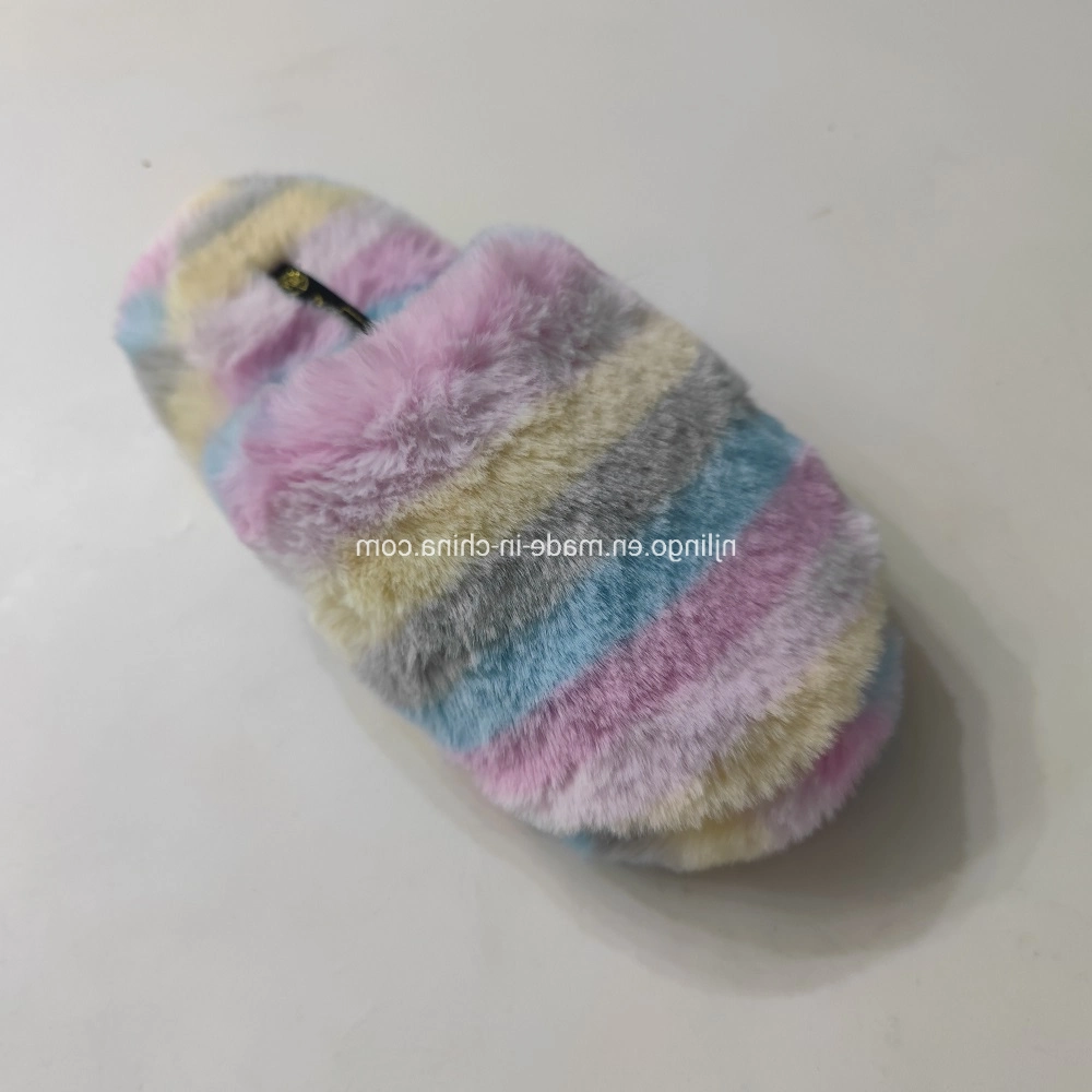 Ladies Fashion Rainbow Color Fluffy Indoor Slide Slippers Home Anti-Skid Furry Women Slippers