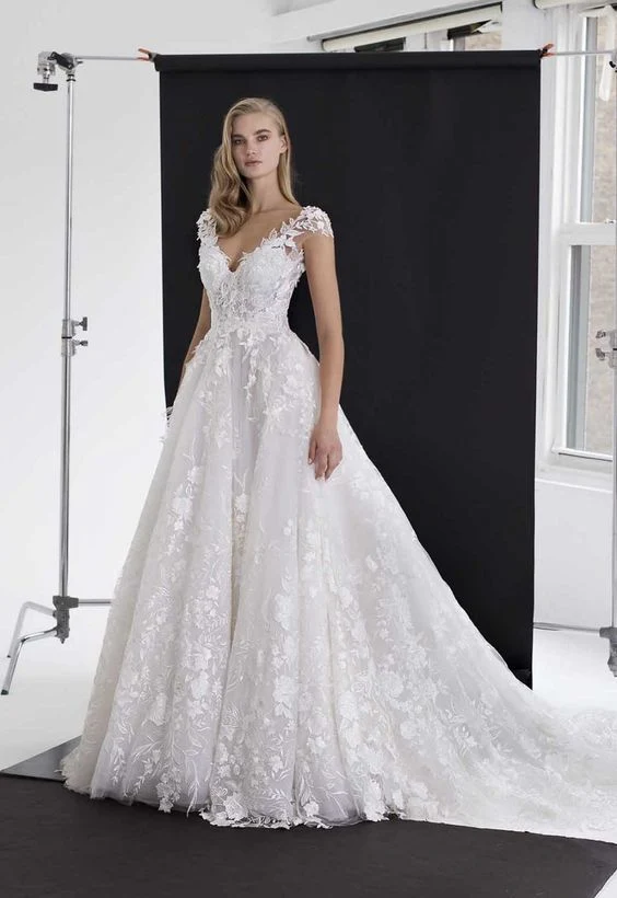 Cap Sleeves Bridal Wedding Dress Luxury Lace Wedding Gown H2402